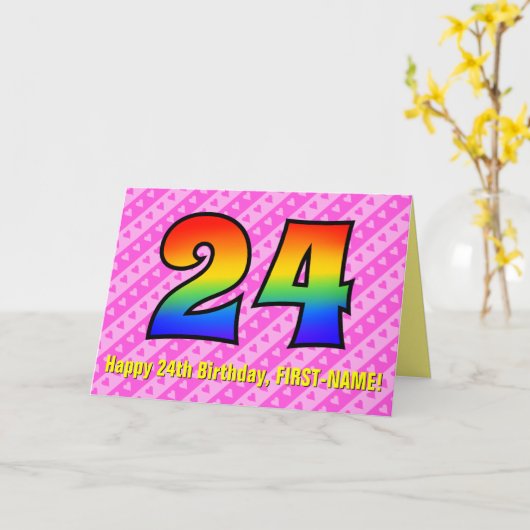 Leuke roze strepen, harten, regenboog # 24e verjaa kaart (Gele Bloem)