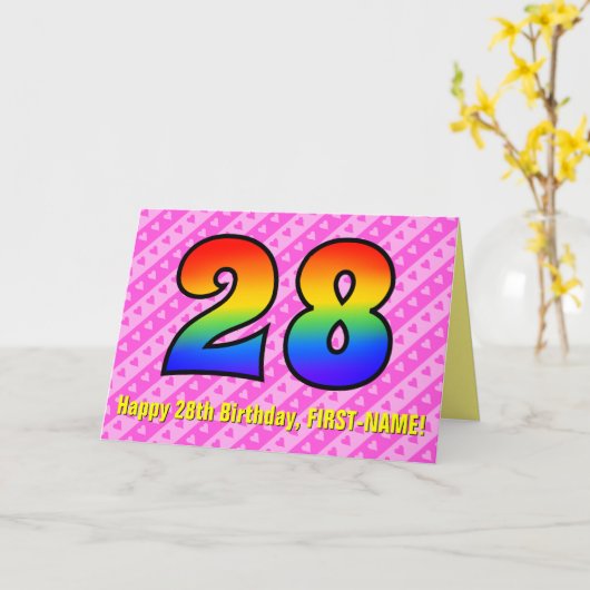 Leuke roze strepen, harten, regenboog # 28ste verj kaart (Gele Bloem)