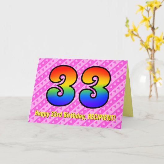 Leuke roze strepen, harten, regenboog # 33ste verj kaart (Gele Bloem)