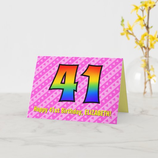 Leuke roze strepen, harten, regenboog # 41ste verj kaart (Gele Bloem)