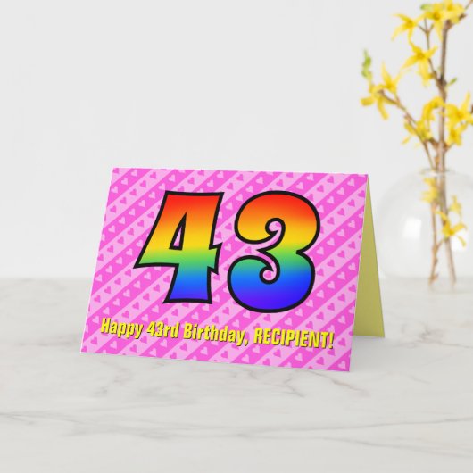 Leuke roze strepen, harten, regenboog # 43ste verj kaart (Gele Bloem)