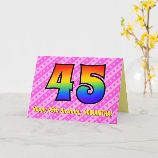Leuke Roze Strepen, Harten, Regenboog # 45e Verjaa Kaart (Gele Bloem)