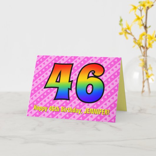 Leuke roze strepen, harten, regenboog # 46e verjaa kaart (Gele Bloem)