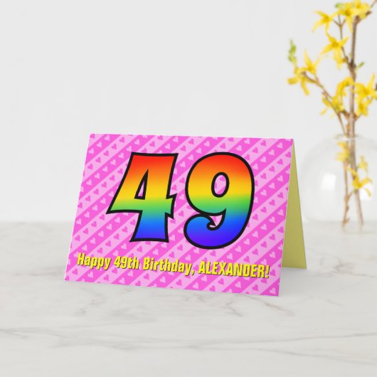 Leuke roze strepen, harten, regenboog # 49e verjaa kaart (Gele Bloem)