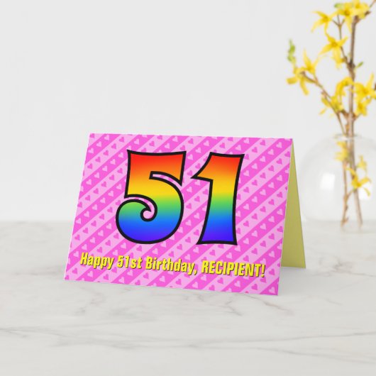 Leuke roze strepen, harten, regenboog # 51ste verj kaart (Gele Bloem)