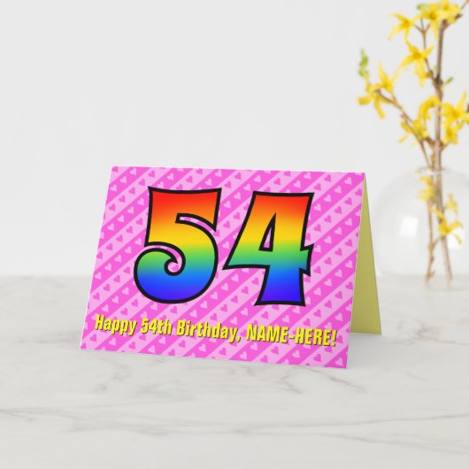 Leuke Roze Strepen, Harten, Regenboog # 54e Verjaa Kaart (Gele Bloem)