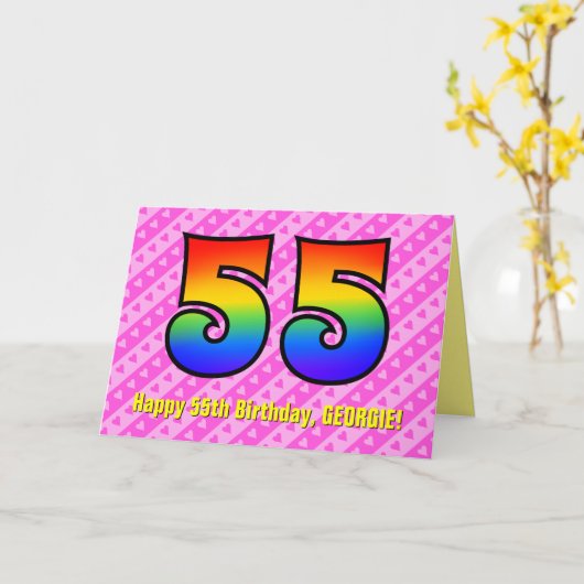 Leuke roze strepen, harten, regenboog # 55ste verj kaart (Gele Bloem)