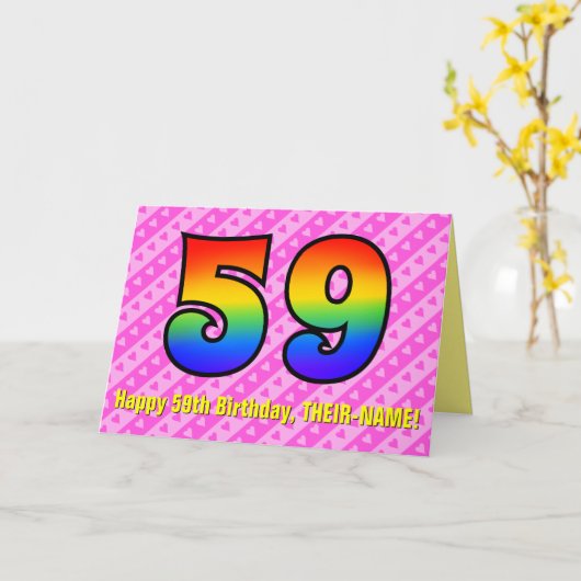 Leuke roze strepen, harten, regenboog # 59ste verj kaart (Gele Bloem)