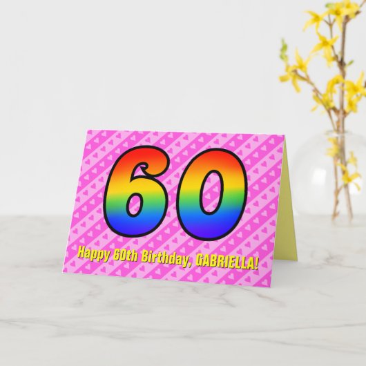 Leuke roze strepen, harten, regenboog # 60ste verj kaart (Gele Bloem)