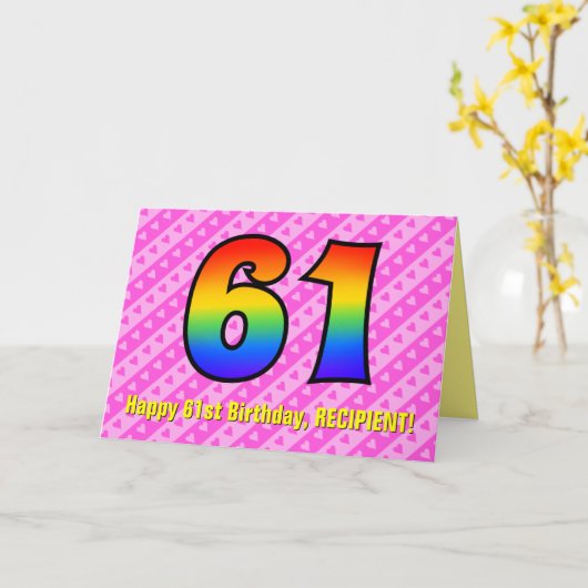 Leuke roze strepen, harten, regenboog # 61ste verj kaart (Gele Bloem)