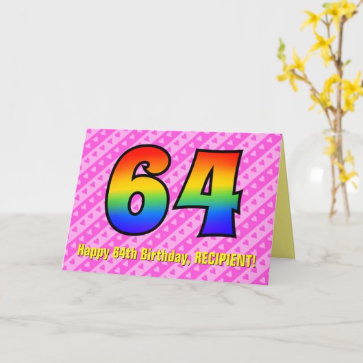 Leuke roze strepen, harten, regenboog # 64ste verj kaart (Gele Bloem)