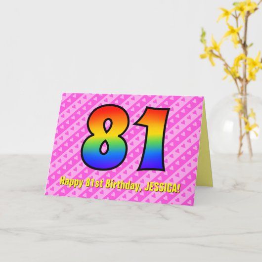 Leuke roze strepen, harten, regenboog # 81ste verj kaart (Gele Bloem)