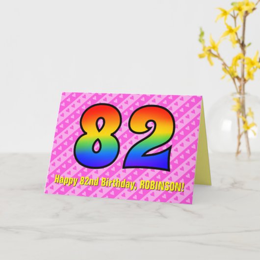 Leuke roze strepen, harten, regenboog # 82e verjaa kaart (Gele Bloem)