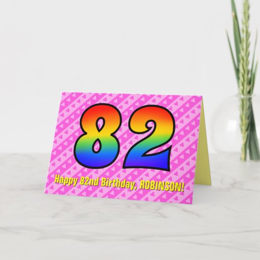 Leuke roze strepen, harten, regenboog # 82e verjaa kaart (Voorkant)