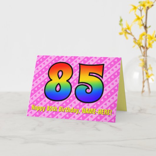 Leuke roze strepen, harten, regenboog # 85ste verj kaart (Gele Bloem)