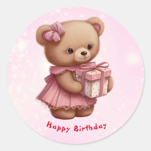 Leuke roze teddybeer verjaardag gepersonaliseerd ronde sticker (Voorkant)