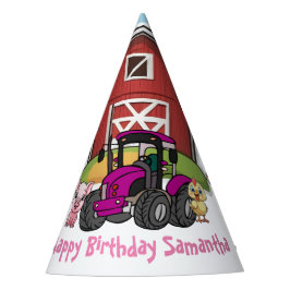 Leuke roze tractor Farmyard Dier Verjaardag Feesthoedjes