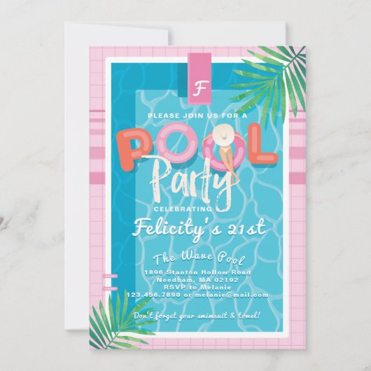 Leuke Roze Tropische Volwassen Zomer Pool Party Ve Kaart (Voorkant)