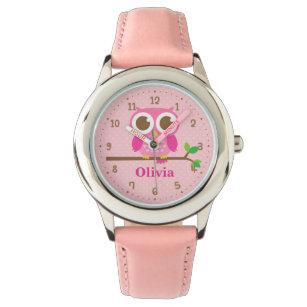Leuke roze uil op tak meisjes gepersonaliseerd hor horloge