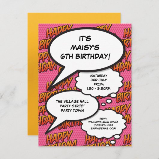 Leuke Roze Verjaardagsfeestje Moderne Stripfoto Uitnodiging Briefkaart (Voorkant / Achterkant)