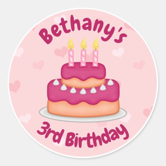 Leuke Roze Verjaardagstaart 3 Kaarsen voor 3e Verj Ronde Sticker (Voorkant)