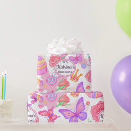 Leuke roze vlinder, cupcake, Snoep Cadeaupapier