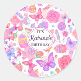 Leuke roze vlinder, cupcake, Snoep Ronde Sticker
