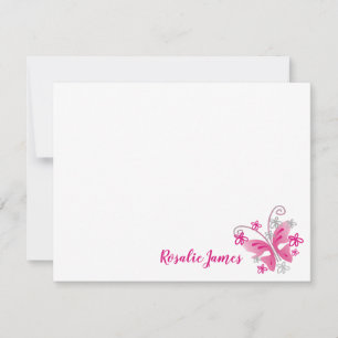 Leuke roze vlinder zilver bloemige aangepaste naam notitiekaartje