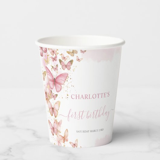 Leuke Roze Vlinders 1e 2e Zoete 16 Verjaardag Papieren Bekers (Achterkant)