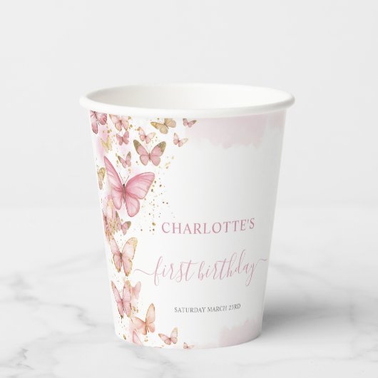 Leuke Roze Vlinders 1e 2e Zoete 16 Verjaardag Papieren Bekers (Voorkant)