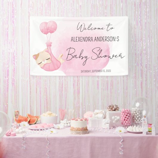 Leuke roze waterverf kitten voor baby meisje Showe Spandoek (Feest)