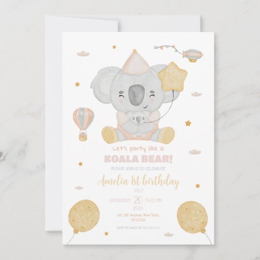 Leuke roze Waterverf Koala 1e Verjaardag Baby Part Kaart (Voorkant)