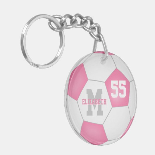 Leuke roze wit grijs voetbaltas label sleutelhanger (Voorkant Links)