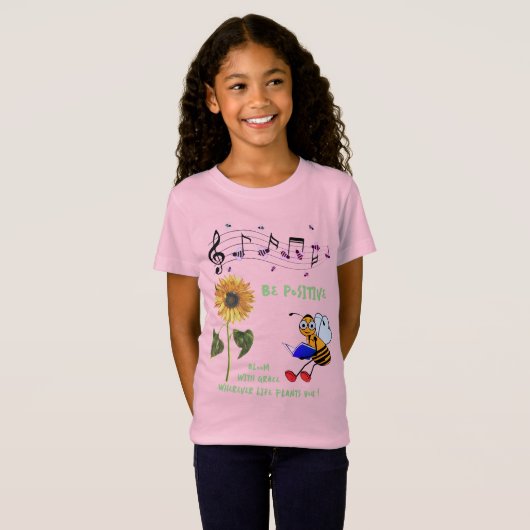 Leuke roze zonnebloem bijen positief t-shirt (Voorkant volledig)