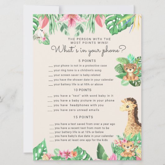 Leuke Safari Dieren Baby shower Telefoon Spel Kaar Kaart (Voorkant)