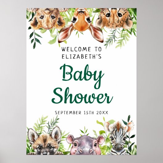Leuke Safari Dieren Baby shower Welkomstbord Poster (Voorkant)