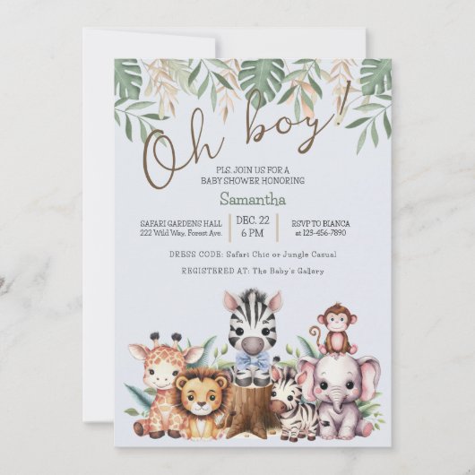 Leuke Safari Oerwoud Oh Boy Baby shower Kaart (Voorkant)