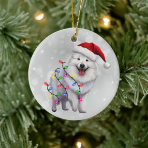 Leuke Samoyed hond verpakt in kerstverlichting Keramisch Ornament