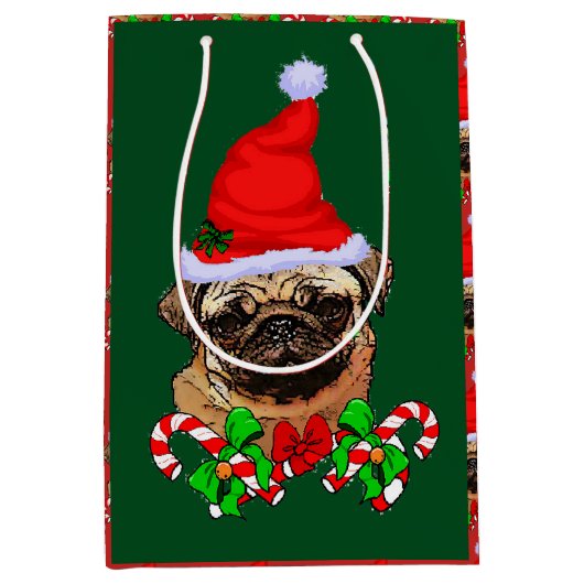 Leuke Santa Pug Kerstmis Vrolijk Medium Cadeauzakje (Voorkant)
