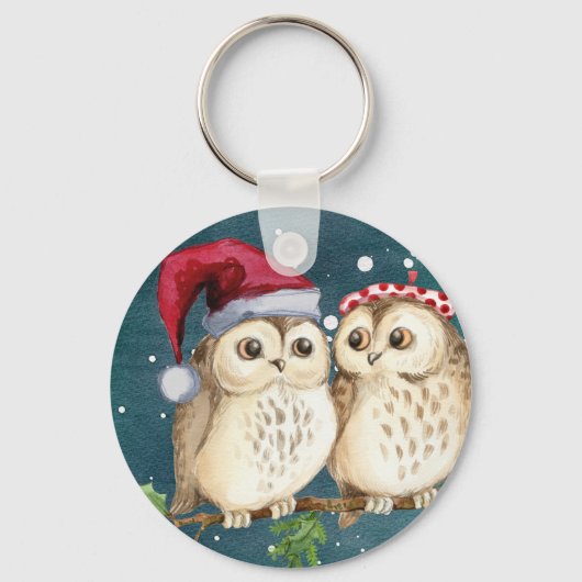 Leuke Santa Uilen met petten Sleutelhanger (Voorkant)