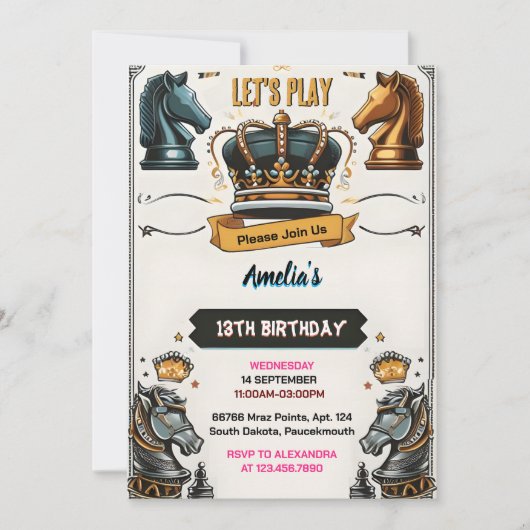 Leuke Schaakkoning en Koningin Spel Nacht 13e Verj Kaart (Voorkant)