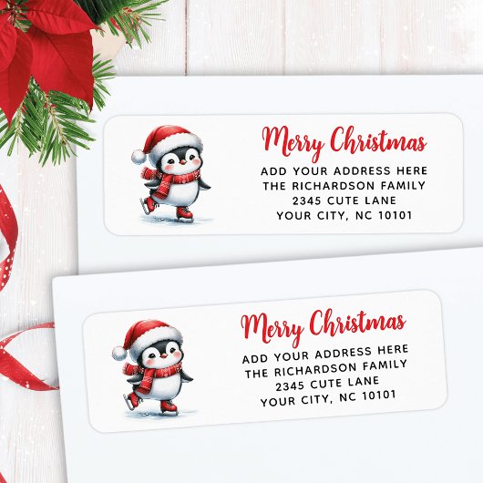 Leuke schaatspinguïn in Red Merry Christmas Etiket