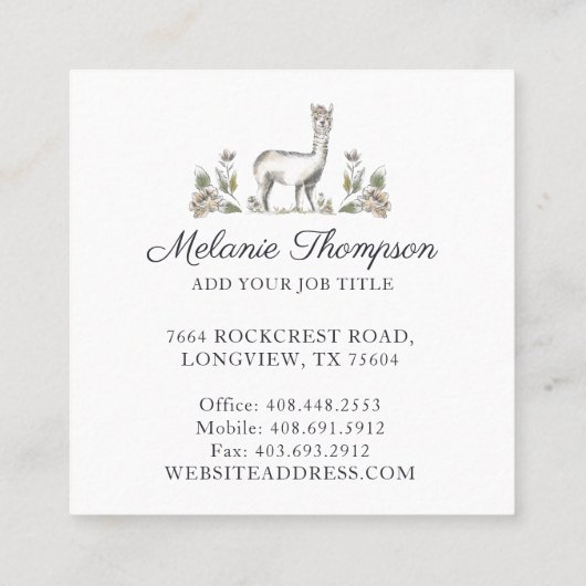 Leuke Schattige Llama Waterverf Schets Bloemen Vierkante Visitekaartje (Achterkant)