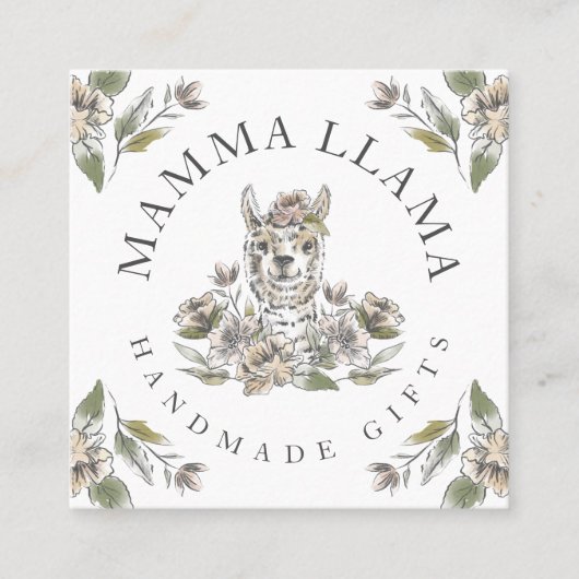 Leuke Schattige Llama Waterverf Schets Bloemen Vierkante Visitekaartje (Voorkant)