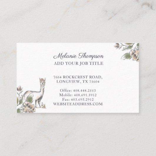 Leuke Schattige Llama Waterverf Schets Bloemen Visitekaartje (Achterkant)