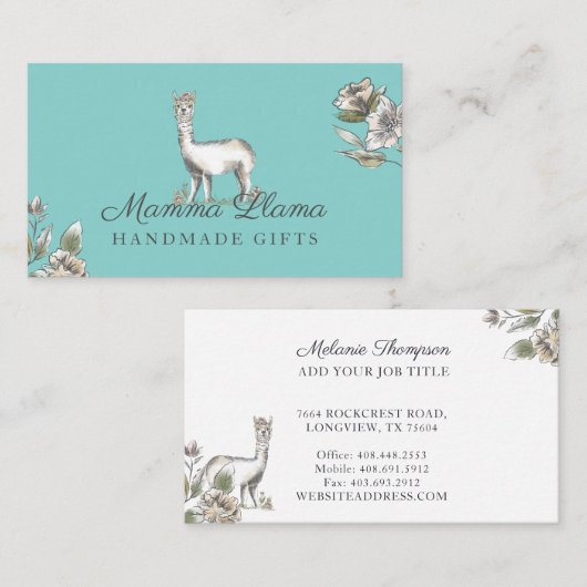 Leuke Schattige Llama Waterverf Schets Bloemen Visitekaartje (Voorkant / Achterkant)