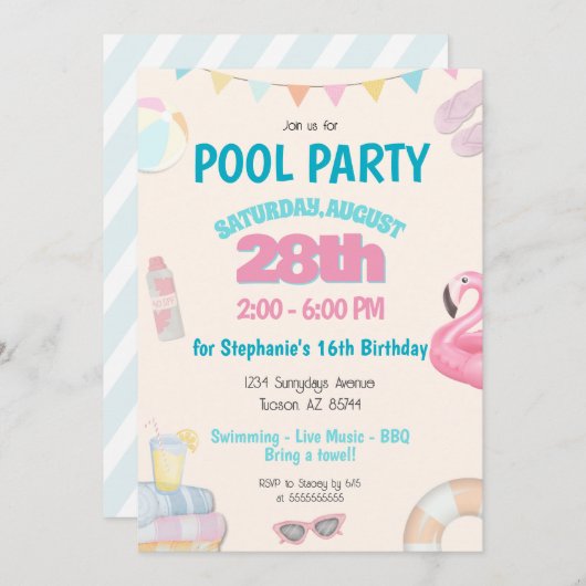 Leuke Schattigee Summer Pool Verjaardagsfeestje Ui Kaart (Voorkant / Achterkant)