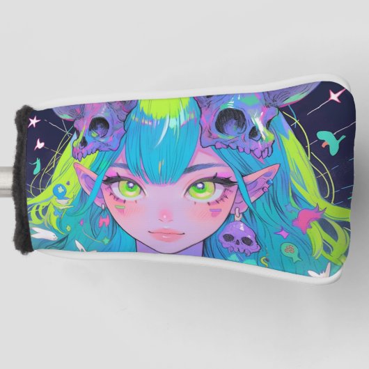 Leuke schedel en hoorns Punk Rock Anime Meisje Golfheadcover (Voorkant)