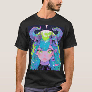 Leuke schedel en hoorns Punk Rock Anime Meisje T-shirt