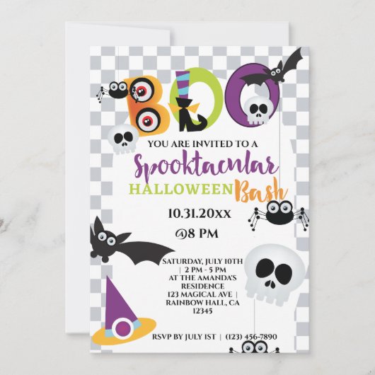 Leuke schedel en vleermuizen Halloween Boo Party Kaart (Voorkant)